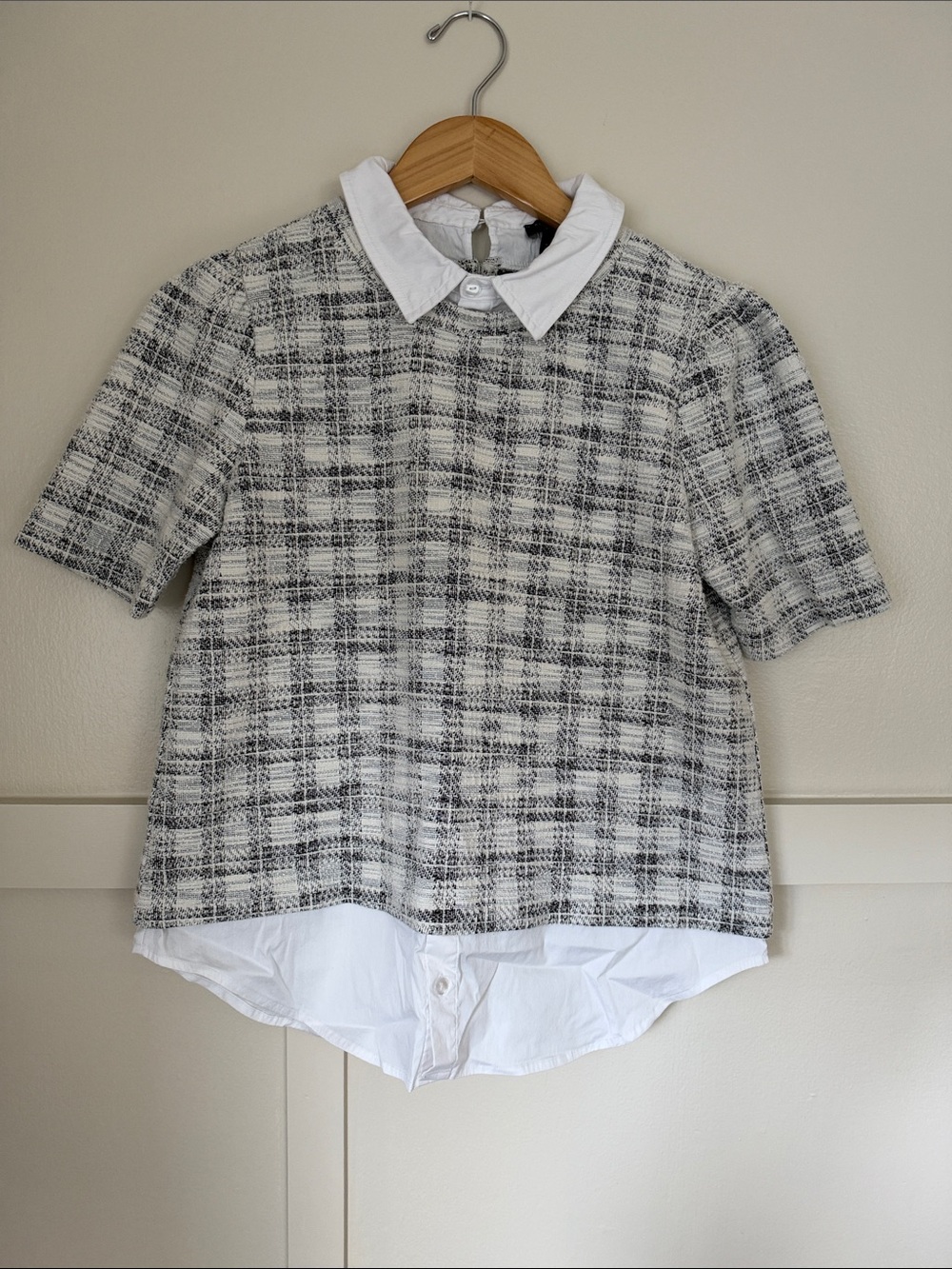 Ann Taylor Tweed 2-in-1 Layered Collared Top Blouse Black White Small